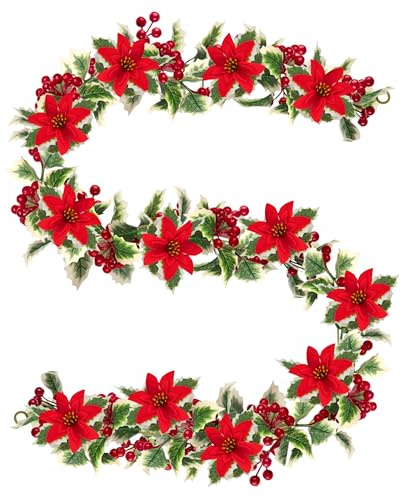 Guirnalda Navidad Bayas Rojas, 172cm Guirnalda de Bayas Artificiales con Hojas de Acebo, Decoración para Árbol de Navidad, Interior Exterior, Invierno, Escalera, Chimeneas, Flor roja