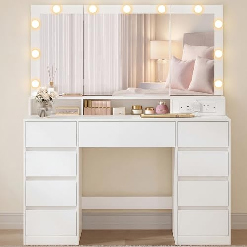 VASAGLE Dressing Table with Tri-Fold Mirror, Vanity Table with 11 Bulbs, Power Outlets, 9 Drawers, 3 Colours, Tool-Free Drawer Slides Assembly, Cloud White KAILYN RDT146WB02