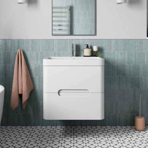 Affine® Tilden 600mm Bathroom Vanity Unit Basin Sink Storage Cupboard Cabinet Wall Hung, Single Tap Hole Wash Basins, Double Drawer, Soft Close, Modern, White Gloss
