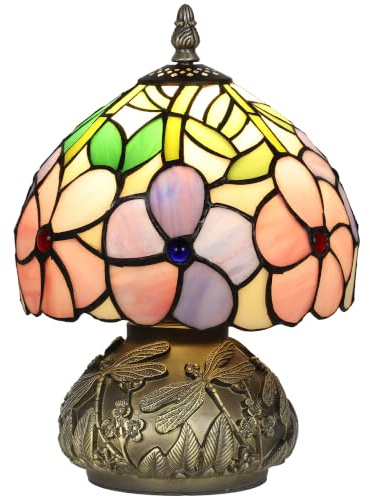 HOMCOM Tiffany-Style Table Lamp with Sculpted Dragonfly Base Pink | Handcrafted Classic Stained Glass Bedside Lamp, for Living Room and Bedroom, E27 Socket