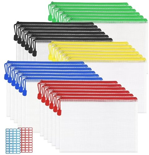 Freyeeti 30 piezas de carpeta para documentos A5, impermeable con cierre, carpeta de plástico con cierre, bolsa con cierre para documentos, recibos, papel de examen, cosméticos, 5 colores