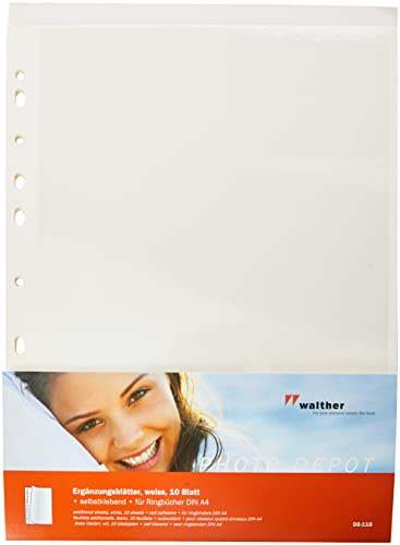 Walther Design Ergänzungsblätter Weiss 23,5 x 31,5 cm 10 Blatt selbstklebend DS-118 | Format 23,0 x 29,7 cm, ideal für Ringalben, beidseitig selbstklebend mit glasklarer Schutzfolie, mit Eurolochung, DS_118