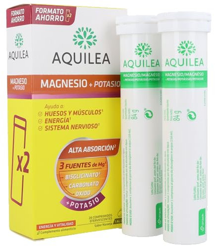 AQUILEA | Magnesio + Potasio | 28 Comprimidos Efervescentes | Recuperación tono muscular y minerales | Combate fatiga, debilidad muscular y calambres | Energía y Bienestar