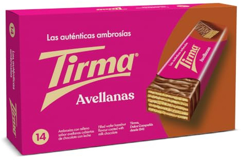Tirma Waffelriegel Vollmilchschokolade | Gefüllt mit Haselnusscreme | 14 Stück | 301g | Zarte Cremefüllung | Vegetarisch | Einzeln verpackt | Perfekt als Party Snack oder für unterwegs | 14 einzeln verpackte Snack-Riegel | Ideal zum Teilen, Verschenken & Gastgeschenke | Hergestellt in Spanien | Geeignet für