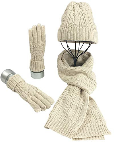 Set Inverno per Donne, 3 Pezzi Set di Sciarpa Guanti Cappelli per Uomo, Berretto Cappello Maglia con Sciarpa Berretti in Maglia Guanti e Manopole Sciarpe e Stole, Morbidi e Caldi, Unisex - Beige