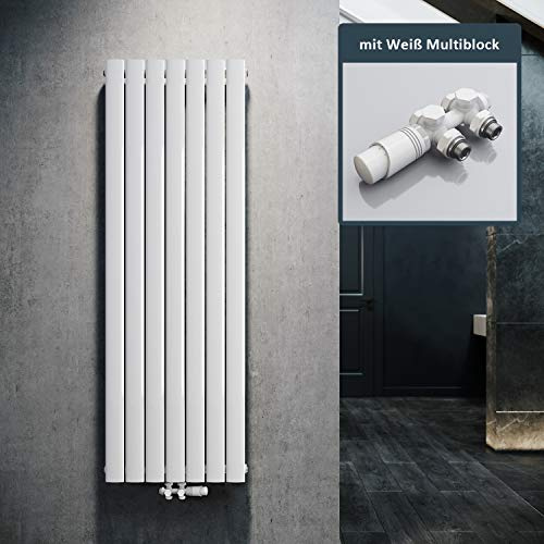 ELEGANT Design Heizkörper Flach 1600x539mm mit Weiß Multiblock Thermostat Flachheizkörper Weiß Einlagig Vertikal Heizkörper Mittelanschluss