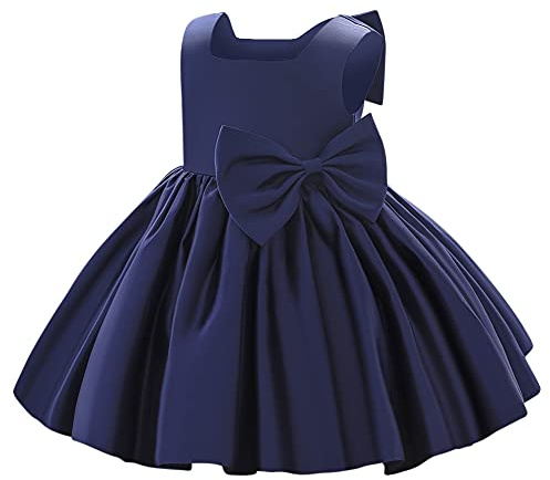 Ibakoma Vestito da bambina con fiocco e tutù da principessa, abito da ballo formale, per feste di laurea, compleanno, matrimonio, battesimo e cerimonie, blu navy, 18 mesi