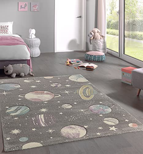 Mia's Teppiche Marie pflegeleichter Teppich fürs Kinderzimmer, mit Planeten und Sternen, Kinderteppich, Galaxy-grau, 140x200 cm