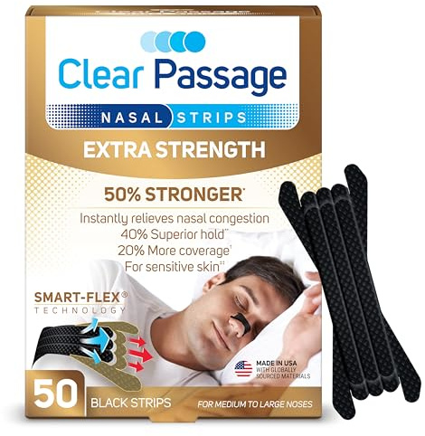 Clear Passage Extra Strength Nasal Strips 50 Ct, Nasal Dilators for Men & Women, Anti Snoring, Instant Congestion Relief for Cold & Allergy, Improves Sleep, Better Performance, for Day & Night, Black
