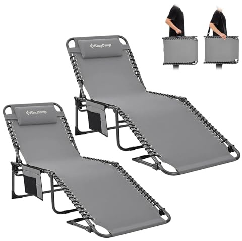 KingCamp Set di 2 sedie sdraio pieghevoli, sdraio da giardino o da campeggio, con schienale reclinabile a 5 posizioni, sedia a sdraio da spiaggia, da giardino, da campeggio, con cuscino per la testa