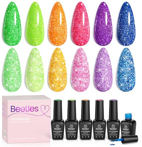 Beetles Reflective Glitter Gel Polish Set 6 Colours Neon Christmas Orange Hot Pink Purple Gel Nail Polish Soak Off UV Nail Art Manicure Gifts for Women Girls