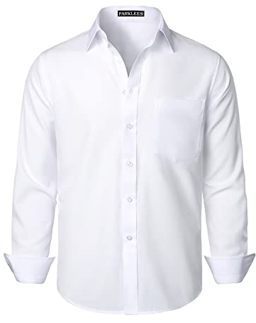PARKLEES Men's Regular Fit Dress Shirt Solid Wrinkle-Free Long Sleeve Casual Business Button Up Shirts with Pocket PZSSCL05-White M