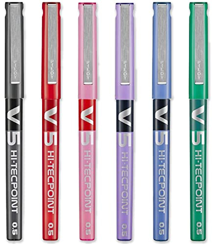 PILOT V5 Hi-Tecpoint Tintenroller, feine 0,5 mm Spitze, 0,3 mm Strichbreite, 6 Stück, Schwarz, Blau, Rot, Grün, Violett und Rosa