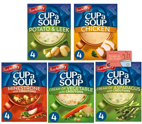 Batchelors Cup a Soup Variety Pack - Potato & Leek, Chicken, Minestrone, Cream of Vegetable, Cream of Asparagus - 20 Servings, 5 Flavors, Total 521g