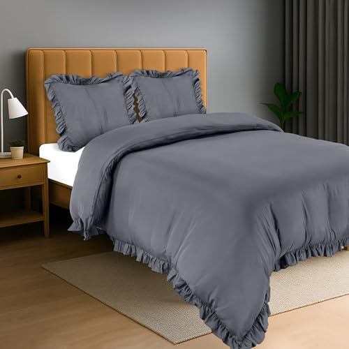 Utopia Bedding Rüsche Bettwäsche 200x200 Set, Grau | Mikrofaser Bettbezug 200x200 cm + 2 Kissenbezüge 80x80 cm