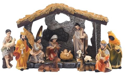 Nascita Belen Natale- 12 Figure Di Presepe Resina Dipinte A Mano - Statuette In Resina Natività, Statua Di Resina Animale Decorazione Arte Soggiorno Casa