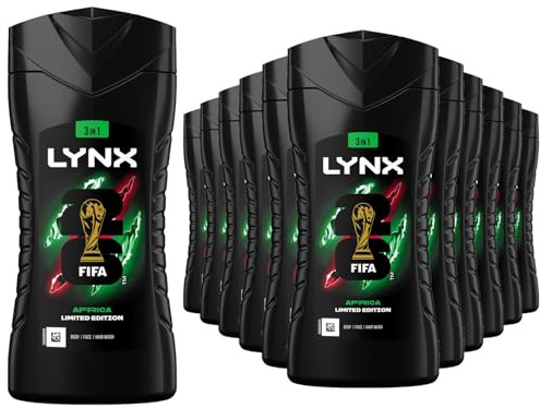 Lynx Limited Edition FIFA Africa 3-in-1 Body Wash 225ml, 12 Pack Men's Shower Gel for Body Hair Face, 12H Refreshing Fragrance, Hydrating Cleansing Shower Gel, Daily Grooming Body Wash for Men
