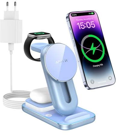 AGPTEK Cargador Inalámbrico 4 en 1, Carga Magnética para iPhone 15/14/13/12, Carga Inalámbrica para iPhone 8/X/11 y Android Qi, para AirPods/Galaxy Buds, para Apple Watch, con 18W Adaptador y Luz LED