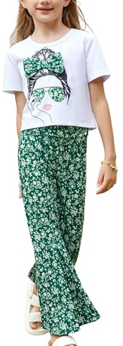 PATPAT Set di Abbigliamento per Ragazze, Pantaloni della Tuta Casual e Pantaloni a Campana, Vestiti Bambina di T-shirt Estive a Maniche Corte per Bambini, Regalo Estivo 3-12 Anni Coordinati 3 Colori