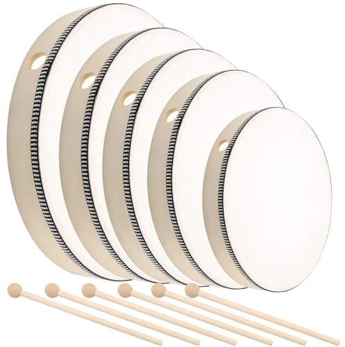 TAICHEUT 5 Pcs Hand Drum Set, 6 Inch 7 Inch 8 Inch 10 Inch 12 Inch Wood Frame Drum Kit with Drum Stick, Hand Held Drums for Adults, Beginners Party Supplies