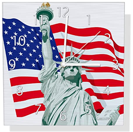 Wallario Design Wanduhr Freiheitsstatue USA aus Aluverbund, Alu-Uhr Größe 30 x 30 cm, weiße Zeiger mit Metalloptik