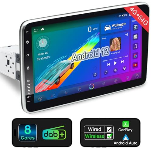 4G+64G DAB Radio with Wireless CarPlay, 10.1 Inch Car Radio Bluetooth Touchcreen for Car, 1 Din Android Auto Radio with Navi, WiFi, 4G, GPS, SWC, AM/FM/RDS