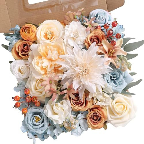 GOUTOOL Juego combinado de flores artificiales, 26 piezas de rosas de seda azul y blanca, juego de ramo mixto de hortensias con tallos para boda, rosas artificiales para arreglos florales, fiestas y