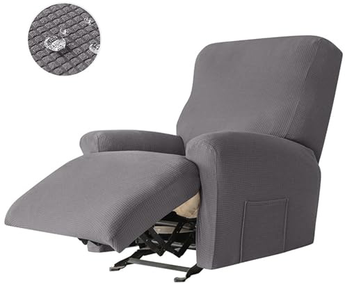 Surwin Sesselschoner für Relaxsessel mit Armlehnen, Stretchhusse für Relaxsessel Anti-Rutsch Fernsehsessel Bezug mit Taschen Sesselbezug Stretch Elastisch-Schüttelvlies (1 Sitzer,08#Dunkelgrau)