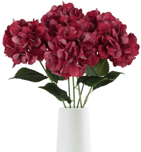 ICBOX 6 hortensias artificiales de seda de 28 pulgadas, tallo largo, flores de hortensias rojas falsas para jarrones altos, hortensias artificiales realistas para bodas, baby shower, fiestas, hogar,