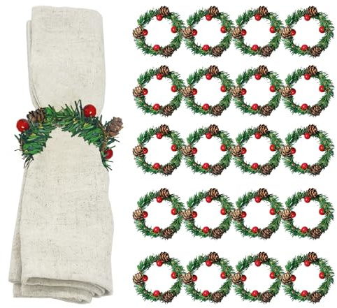 20 Stück Weihnachten Serviettenringe, Mini Weihnachtskranz Serviettenhalter, Holly Rote Beeren Kranz Serviettenschnalle, Herzenring für Weihnachten Thanksgiving Party Hochzeit Vintage Tischdeko 8cm