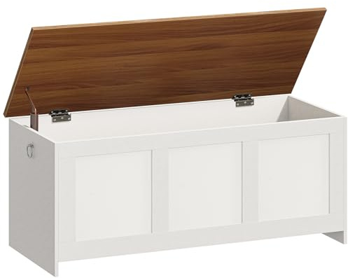 HOOBRO Storage Bench, 43.3 Retro Wooden Storage Chest, Wooden Storage Trunk, Toy Chest with Lift Top, Multifunctional Entryway Organizer, for Entryway, Living Room, White and Walnut WH411CW01