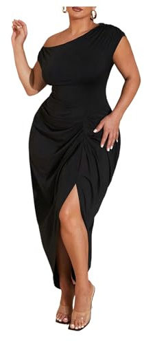 Floerns Women's Plus Size Asymmetrical Neck Long Dress Ruched Slit Hem Cocktail Dress Black X-Large Plus