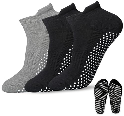 LUFFLOK 3 Paires Chaussettes Yoga Femme et Homme Chaussettes Pilates Chaussettes Antidérapantes Coton Socquettes pour Yoga Pilates Ballet Fitness Sport Exercice Taille Unique (2 Noirs + 1Gris)