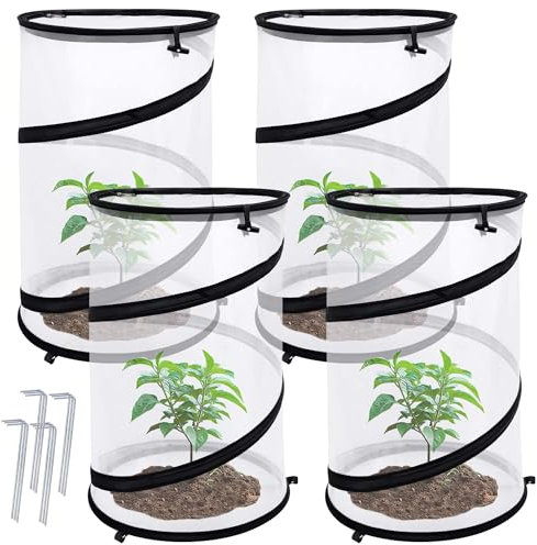 4 Pcs Pop Up Insect Barrier Plant Cover Net, 19.6 x 11.8 Round Foldable Plant Protectors Mesh Plant Enclosure, Garden Net Cage Guard Cover with Stakes & Carry Bag for Protect Plants from Bird Insect