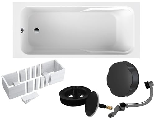 VBChome Badewanne 180 x 80 cm Weiß Acryl SET Wannenträger Schwarz Siphon Wanne Rechteck Design Modern Styroporträger Ablaufgarnitur in Schwarz