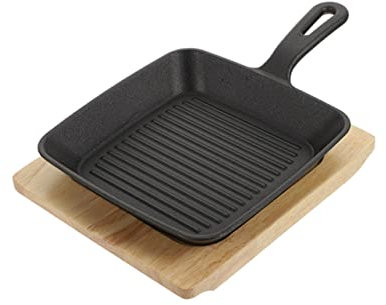 FUNNETOYU Padella in Ghisa Piatta Per Friggere e Pancake Con Tagliere in Legno Materiale Resistente e Sicuro Per Cucinare