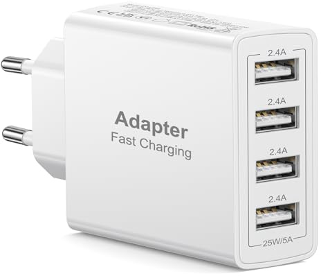 Caricatore USB Multiplo, 25W 4-Porto Alimentatore USB Presa Multipla Ricarica Veloce Caricabatterie USB Spinotto Multiplo Carica Spina Rapido Caricatore per iPhone 16 15 14 13 12 11 X,Samsung,Xiaomi