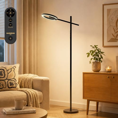 GLOWRIUM 71-inch floor lamp with remote control (batteries not included), UV-free 12,000 lux, 4 color temperatures, tall floor lamp with timer for bedrooms, continuously dimmable, swivel head