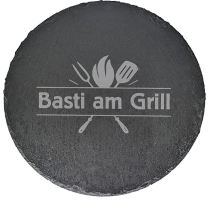 Herz & Heim® Personalisierte Servierplatte rund mit Gravur – Ø 35,5 cm Schieferplatte – Motiv wählbar – Geschenk zur Hochzeit, Geburtstag, Einweihung (Grillen)