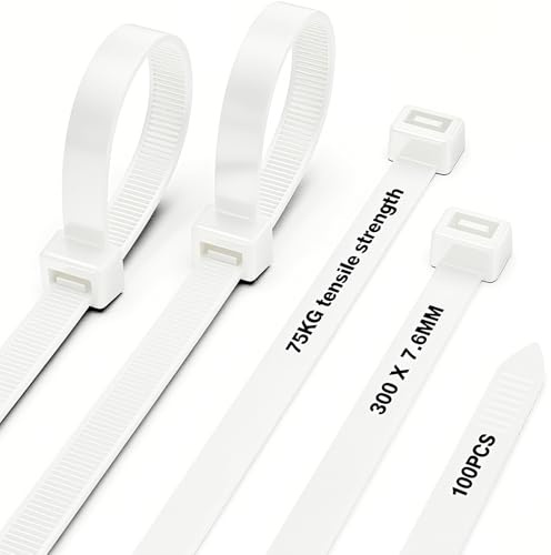 Serre Cable 300 mm x 7,6 mm - Attache Cable Résistance à La Traction 75 kg, 100 Pièces Serflex ultra Résistant aux UV, Pour la Famille, Jardin, Atelier, Gestion des Câbles (Blanc)