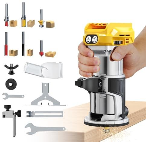 DIYtoolifz Cordless Router Tool Compatible with DeWalt 20V Battery(Tool Only), 800W Brushless Wood Router, 6-Speed Control, Depth Adjustment, Edge & Roller Guide, Router Bits Included (NO BATTERY)