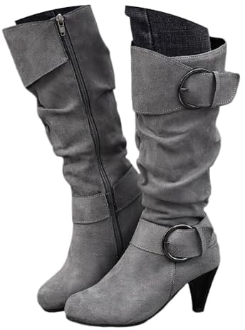 Bottes montantes pour femme - À talons aiguilles - Bout rond - En daim - Vintage - Classique - Couleur unie - Pour l'automne et l'hiver - Bottes longues en daim de veau - Bottes longues d'extérieur
