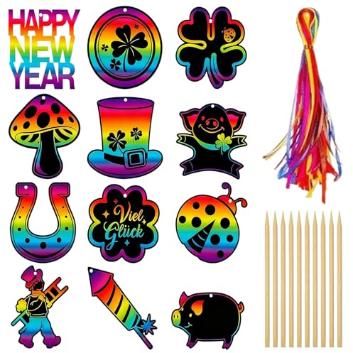 36 Stück Silvester Spiele Glücksbringer Kratzbilder, Silvester Kratzbilder für Kinder, DIY Glücksbringer für Kinder, Neujahrsgeschenke Silvester Deko 2026 für Mädchen Jungen Silvester Basteln Zeichnen
