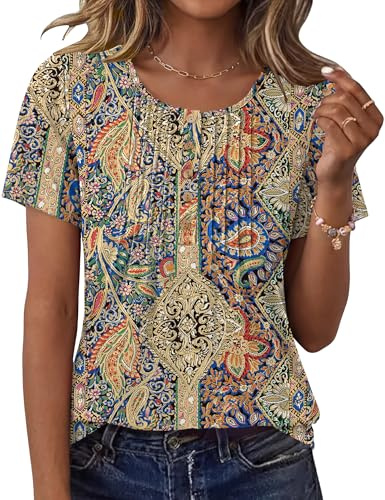 Rapbin Plus Size Womens Tops Crewneck Short Sleeve Shirts Causal Pleated Flowy Boho Elegant Cute Blouses (Ethnic Print, 3XL)