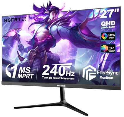 HGFRTEE Ecran PC Gamer 27 Pouces QHD, Moniteur 240Hz (DP) 2560×1440 IPS, 1ms MPRT, FreeSync, HDMI & DisplayPort, 100% sRGB, Compatible VESA 75×75 mm, Ecran Gaming pour PC et Home Office
