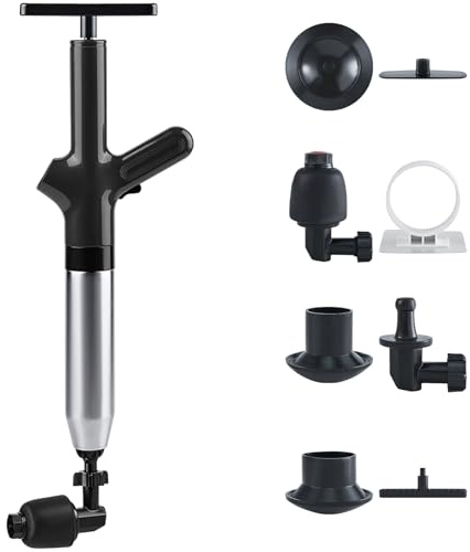 Drain Cleaner Pump Kit, 9 PCS Included, Air Drain Blaster with Multiple Plunger Heads, 25.8 in Long Handle, Multi Functional Toilet Plunger for Clogged Drains, Sinks, Bathtubs