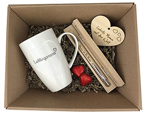 3-teilige Geschenkbox/Muttertag/Mama/Schoko-Herzen/Kulli/Tasse/Holzherz /