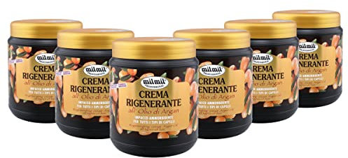 Milmil Crema Rigenerante per Capelli, Maschera Capelli Professionale, Fragranza Olio di Argan, Impacco Ammorbidente per Tutti i Tipi di Capelli - 6 x 1000 ML