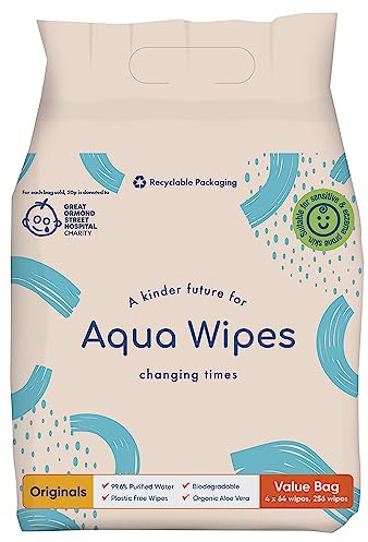 Aqua Wipes Originals Baby Wipes, 100% Biodegradable, Plastic Free, 99.6% Purified Water, Newborn Wipe, Vegan, Paraben and Perfume Free, NHS Approved (Bundle of 4 packs, 256 Wipes)