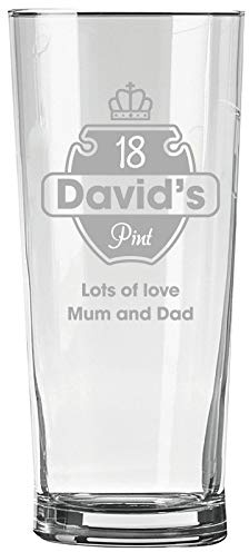 Personalised Engraved Pint Glass - 18th Birthday Gift, 18 Pint Glass, Name and Crown Design
